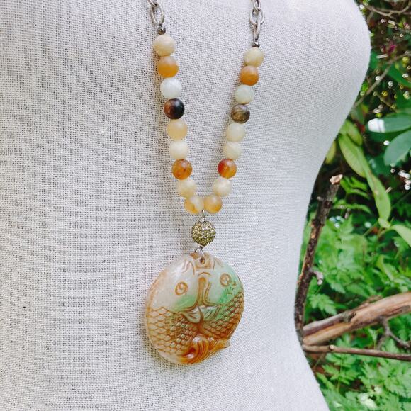 Jadeite Double Fish Pendant Necklace Earrings Set, Real Stone Beads Boho Jewelry - Picture 2 of 10